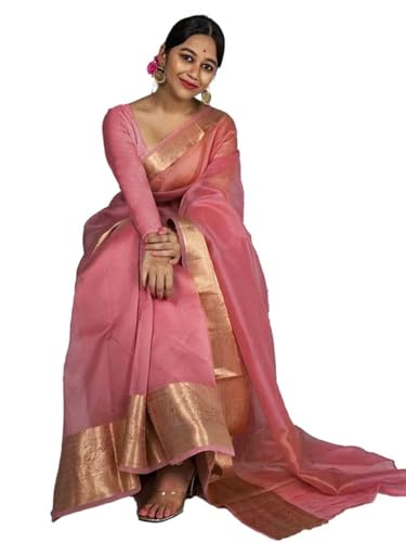 Satrani Women'S Organza Jacquard Border Saree With Unstitched Blouse Piece
