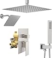 NPYSVSSS Shower System Dual Shower Heads with 12" Ceiling Mounted Rain Shower Head & 6" Wall Mounted Head Full Body Luxury Rain Shower System 3 Way Pressure Balance Valve Kit, Brushed Nickel