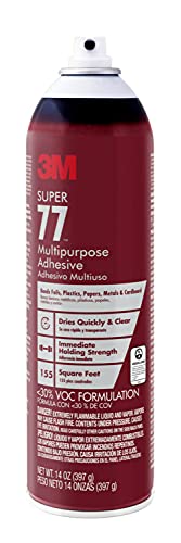 3M Super 77 Multipurpose Spray Adhesive, Low VOC, 14 oz., Meets California VOC requirements, Use on Wood, foam, Fiberglass, Glass, Leather, Paper, Plastic, Rubber, Fabric (77-VOC30DSC)