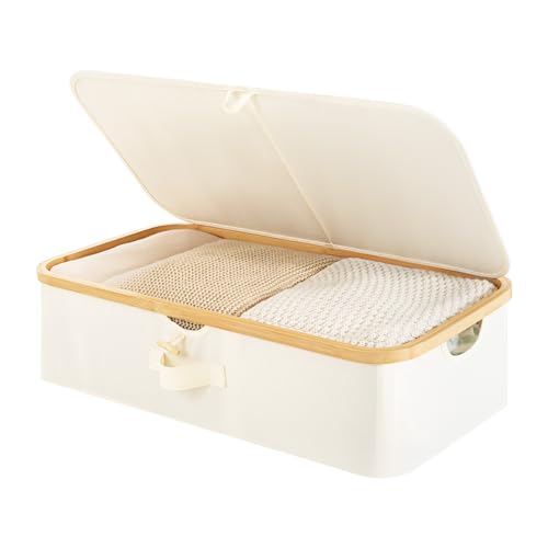 StorageWorks Underbed Storage Box with Bamboo Frame, 42L Flip-Top Under Bed Container for Blankets, Bed Sheets, Coverlets and Towels, Beige
