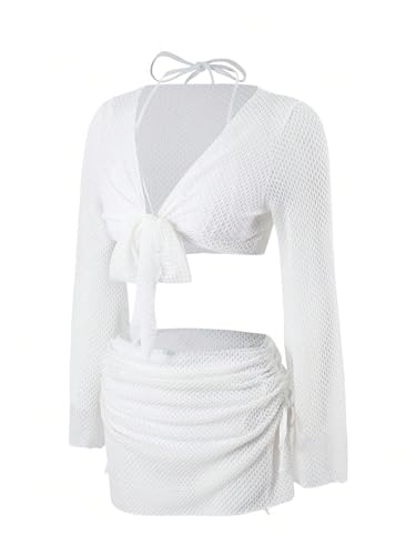 SHENHE Women's 4 Piece Swimsuit Fishnet Triangle Halter String Bikini Set with Cover Up Top Skirt4