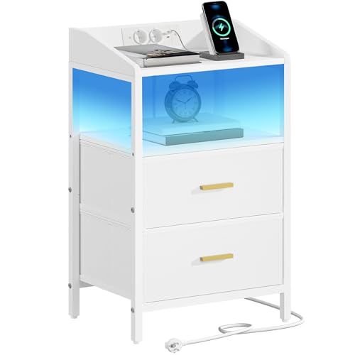 Hzuaneri Nachttisch mit LED-Leuchten und Ladestation, Beistelltisch mit 2 Stoff-Schubladen und Regalen, mit USB-Anschlüssen & Steckdosen, für...