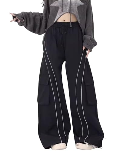 Cargo Sweatpants for Women Teen Girls Baggy Low Rise Wide Leg Pants Elastic Waist Track Pants with Pockets