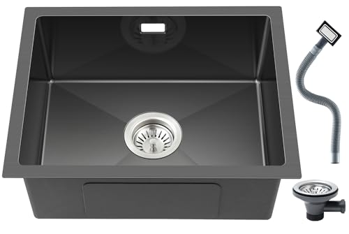 ROVOGO 40 x 50 cm Evier Cuisine en Acier Inox Noir, Kit de Vidage d'évier de Cuisine avec Trop-plein, Montage à Encastrer, à Fleur ou Sous Plan Evier...