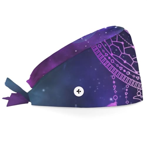 Mularoka Starry Night Dream Catcher Working Caps with Button Sweatband Comfortable Adjustable Bouffant Hats Work Hat for Women Men