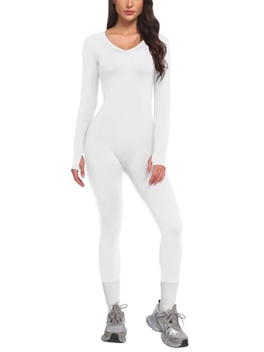 VUTRU Womens Long Sleeve Workout Jumpsuits V-Neck Romper Tummy Control Bodysuit Bodycon Sexy One Piece