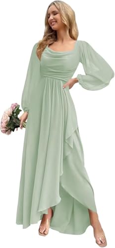 Women's Long Sleeve Bridesmaid Dresses with Slit Flowy Chiffon Cowl Neck Wedding Guest Dress A Line Maxi Dress PU2113