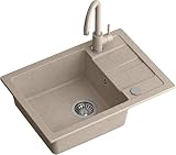 QUADRON Lavello da cucina in granito | Dimensioni 62 x 44 x 17,5 cm Beige | Lavello GO SMART in granito Lavello a vasca singola | Lavello da incasso con rubinetto da cucina