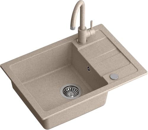 QUADRON Lavello da cucina in granito | Dimensioni 62 x 44 x 17,5 cm Beige | Lavello GO SMART in granito Lavello a vasca singola | Lavello da incasso con rubinetto da cucina
