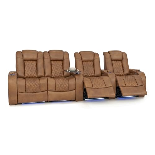 Image of Seatcraft Virtuoso LT Tawny Italian Leather Home Theater Seating, Zero Gravity Power Recliner, Heat and Massage, Powered Headrest and Lumbar Gaming and Home Office Chair, Row of 4 Dual Loveseats