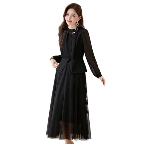 JYHBHMZG Conjunto de blusa y falda de manga larga con lazo en la cintura para mujer, Negro, XS