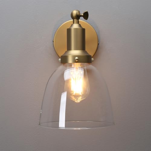 Image of PERMO Industrial Vintage Slope Pole Wall Mount Single Sconce with 6.7 inch Oval Dome Clear Glass Shade Antique Gold Wall Sconce Light Fixture (Pack of 2)