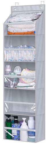 Image of AOODA Over the Door Organizer, Large Capacity Closet Door Hanging Organizer, Clear Deep Pockets Baby Storage for Nursery, Bathroom, Bedroom, Pantry, Diapers (Grey)