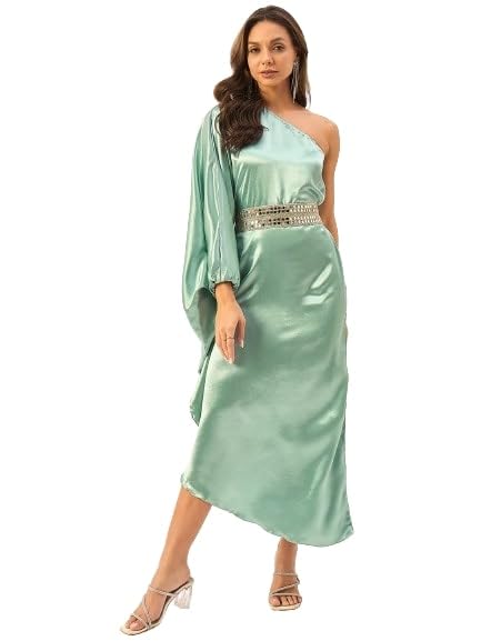 Image of DRAPE AND DAZZLE Women one Shoulder Kaftan Dress with Mirror Work Belt | Summer Westner Wear Dress| DD-115