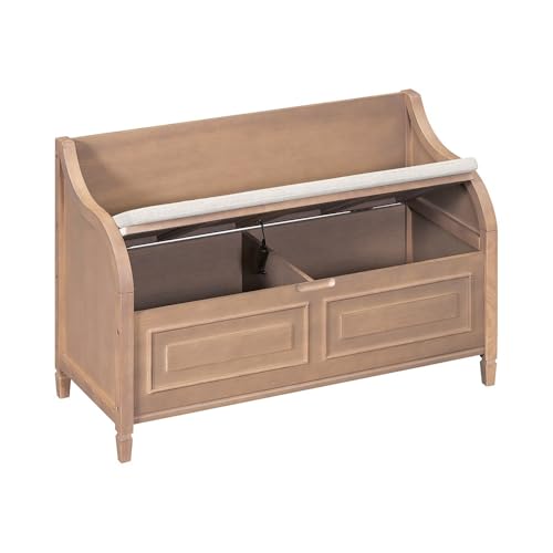 ソファベンチ 安全ヒンジ付き無垢材玄関収納ベンチ 多機能シューズスツール 取り外し可能な布張りクッション付き オットマン(Brown Beige)