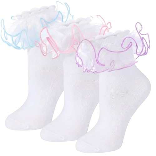 Image of Geyoga 3 Pairs Women Big Ruffle Socks Turn Cuff, Double Lace Ankle Cotton Frilly Socks for Ladies Summer