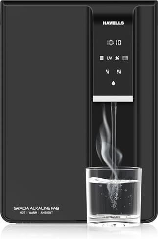 Havells Gracia FAB Alkaline Water Purifier (Black), RO+UV+Alkaline, Hot, Warm & Ambient Water, Copper+Zinc+Minerals, 8 Stage Purification, 6.5L SS Tank, Suitable for Borewell, Tanker & Municipal Water
