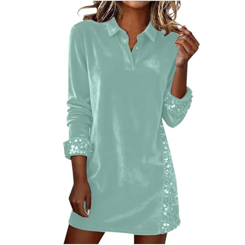 Party Dresses for Women UK Long Sleeve Collared Velvet Dress with Sequin Sparkly Shirt Dresses Ladies Going Out Evning Outfits (Mint Green,XL,Size 16)
