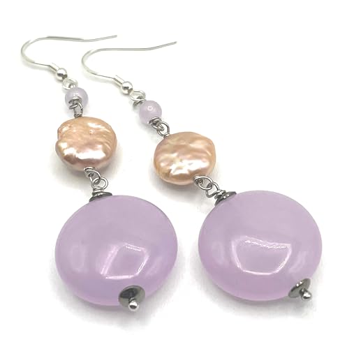 Boucles d'oreilles Jade Lavande et Perles Rose en Argent 925