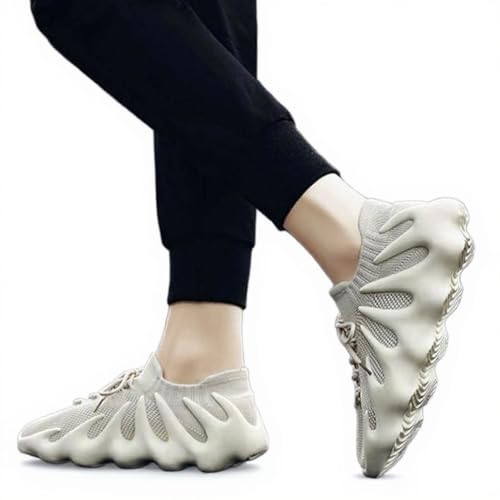 Shoes for Women/Men, Mesh Knit Athletic Sneakers with Wave Platform Sole, Cream White, Lace-up Design3