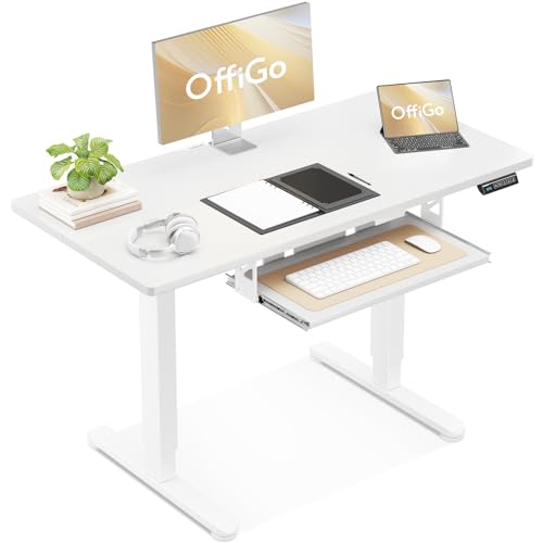OffiGo Schreibtisch Höhenverstellbar Elektrisch, 100x50cm Höhenverstellbarer Schreibtisch mit Tastaturablage, Standing Desk mit 3 Memory Funktion, Computertisch für Arbeit Lernen, Weiß