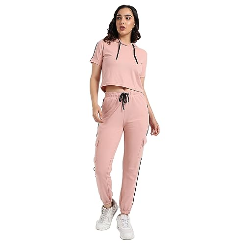 Image of PINACOLADA Women's Hooded Co-Ord Set With Contrast Piping For Casual Wear | Hooded Neck | Short Sleeve | Drawstring Closure | Cotton Co-Ords Crafted With Comfort Fit For Everyday Wear
