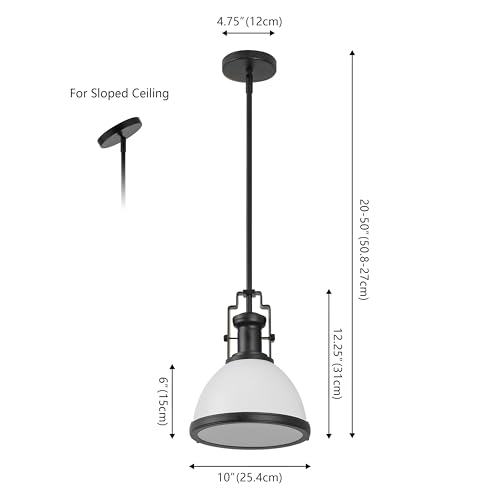 Image of JONATHAN Y Homer Industrial Dome Pendant 10 inch, White /Matte Black | 1-Light, Farmhouse Style, Adjustable Hanging Height, Glass Diffuser, Sloped Ceiling Compatible, Metal, LED Bulb Included