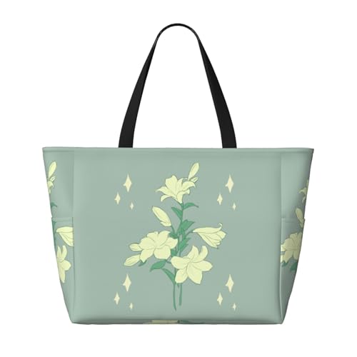 Cartoon white lilies Printed beach travel bag, perfect for shopping bags, swimming pools, gyms, travel shopping, large capacity beach bag with zipper,2