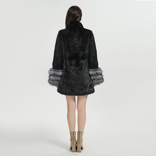 Fur Story Women's Genuine Rabbit Fur Coat With Fox Fur Cuffs Warm Winter Coat Black Long Jacket3