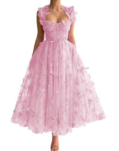 Butterfly Prom Dresses for Women Laces Applique Fairy Ball Gowns Tea Length Butterfly Party Dress