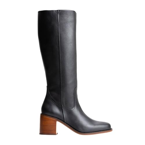Women's Retro Wide Calf Knee-High Boots With Side Zipper Chunky Heel Square Toe Fashion Leather Boots