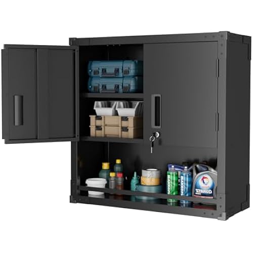 VINGLI Garage Wall Cabinet with Locking Doors and Adjustable Shelf, Metal Wall Cabinet, Floating Upper Storage Cabinet (Black, 30''W x 12''D x 30''H)