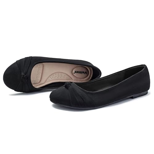 Image of Veittes Women's Wide Width Flat Shoes, Fashion Round Toe Comfortable Classy Design Dressy Ballet Flats.(2109004-4,BK /MF,8.5 Wide)