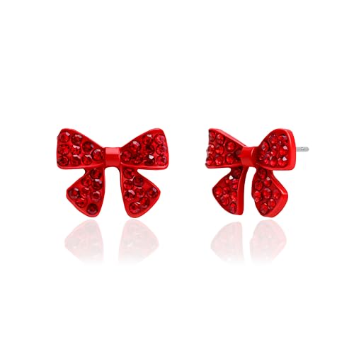 Sonateomber Christmas Red Bow Stud Earrings for Women Dainty Cute Ruby Cubic Zirconia Rhinestone Ribbon Winter Earing Stocking Stuffers Xmas Holiday Accessories Fashion Jewelry Gift