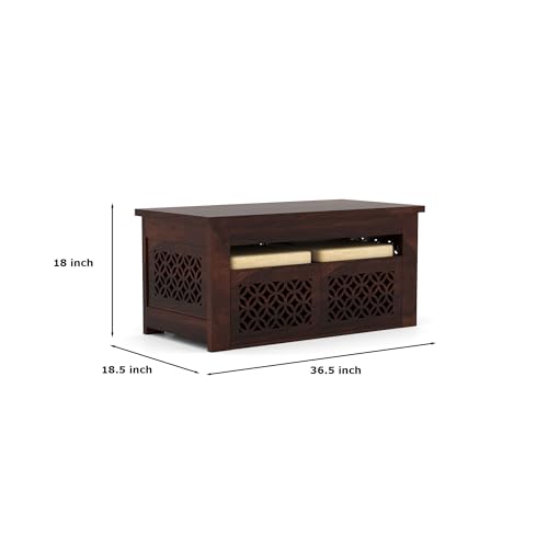 Image of Sheesham Wooden Coffee Table with 2 Stool for Home | Solid Wooden Center Table for Living Room, Meeting Room Hotels Center Tea Table with Seating Stool, Carved- in Walnut Finish