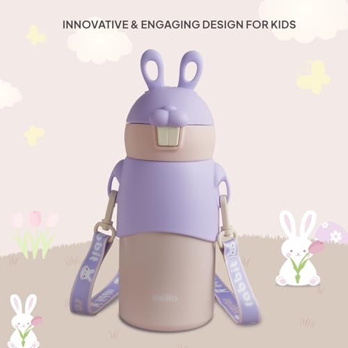 Image of Cello Bunny Kids Stainless Steel Flask 500ml, Purple | Double Walled Vacuum Insulated Technology | One Click Push Button to Open | Ideal for School, Sports, Picnics
