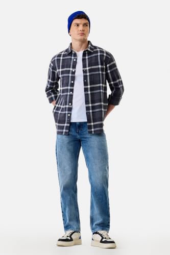 Image of SNITCH Men Casual Jeans | Relaxed Fit Straight Leg Washed Pattern & Drawstring Closure | 100% Cotton Denim Fabric for All Day Comfort & Everyday Wear