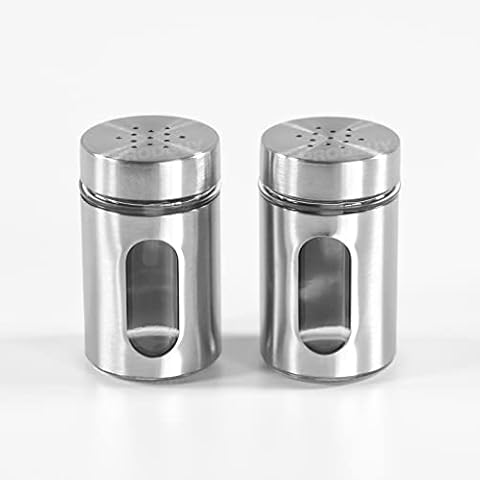 Prodbuy Home Coloured Surround Glass Salt and Pepper Set Shakers Pots Holders Cruet Camping (Silver (Brushed Metal)) Cover