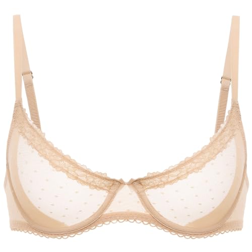 Image of DOBREVA Women's Sheer Mesh Demi Bra Underwire Balconette | Dotted Mesh, Lace Trim, See Through, Plus Size, Smooth, Soft