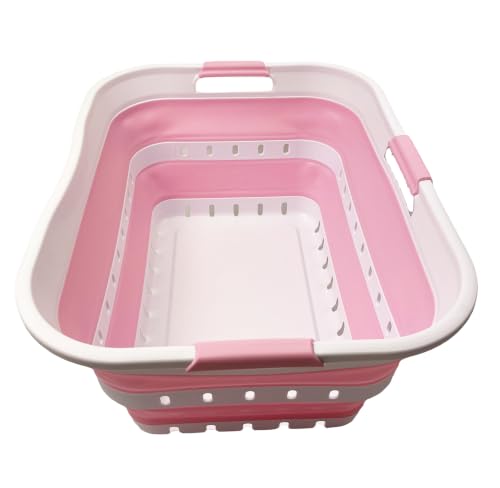 Image of SAMMART 42 (11 Gallons) Collapsible Plastic Laundry Basket, Foldable Pop Up Storage Container /Organizer, Space Saving Hamper, Portable Bin for Dorm Room Bathroom (1, White /Cherry Pink)