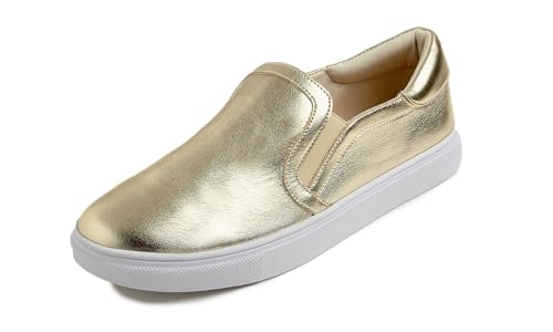 Feversole Women's Vegana Leather Sneaker Casual Flat Loafers,Sneakers Slip on Alla Moda per Mocassini Piatti Casual da Donna Piel Vegana Gold 40 EU