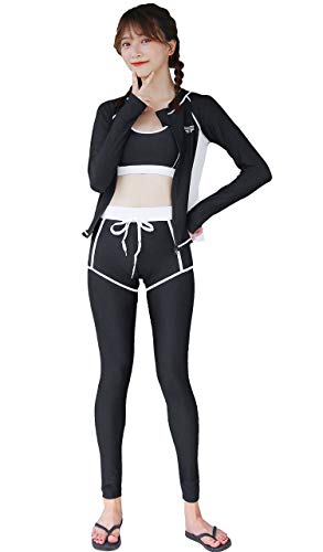 【TaoTech】 水着 レディース ラッシュガード 体型カバー フィットネス セット カバーアップ タンキニ UVカット 前開き 吸汗速乾(type D/4点セット,L)