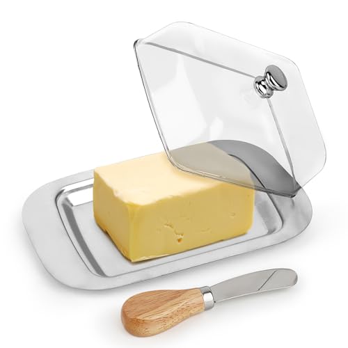 VMUTGA Mantequera, Mantequillera de Acero Inoxidable con Tapa y Asa Mantequera Transparente Recipiente de Mantequilla Plástico Contenedor para Mantequilla Queso Pasteles Postres Frutas
