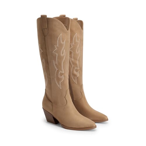 DREAM PAIRS DREAM PAIRS Cowgirl Boots Women Knee High Cowboy Boots Pointed Toe Chunky Block Heel Suede Tall Western Boots with Embroidered,Size 7,Brown,SDKB26001W