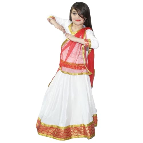 Image of Kaku Fancy Dresses Traditional Radha Costume for Girls - Red & Yellow Lehenga Choli with Dupatta | Indian Mythological Fancy Dress for Janmashtami - 14-17 Years