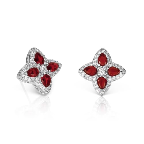 Image of namana Silver Tone Quatrefoil Stud Earrings for Women, Ruby Red Crystal Earrings with Pear Shaped Stones, Sparkling 15 mm Fashion Stud Earrings for Women and Girls