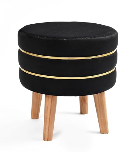 Image of Living Room Round Wooden Velvet Ottoman with Footrest and Linen Fabric Padded Seat Pouffe Ottoman with Round Shape and Office Stool- Black