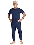 Oyolan Combinaison Sanitaire Homme Femme Pyjama Grenouillères Manches Courtes à Fermeture Eclair pour Personnes Âgées Alzheimer Incontinence A Bleu foncé M