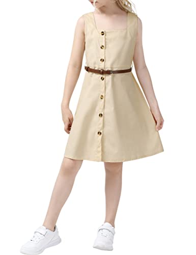 Geru Girls' School Uniform Button Down Front Belted Dress Summer Midi Sundress Khaki #TOP1