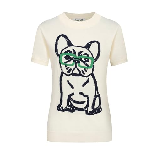 Women's Knitted T-Shirt Short Sleeve, 1960s Mod Style Hand-Drawn Dog Pattern Crewneck Tops White